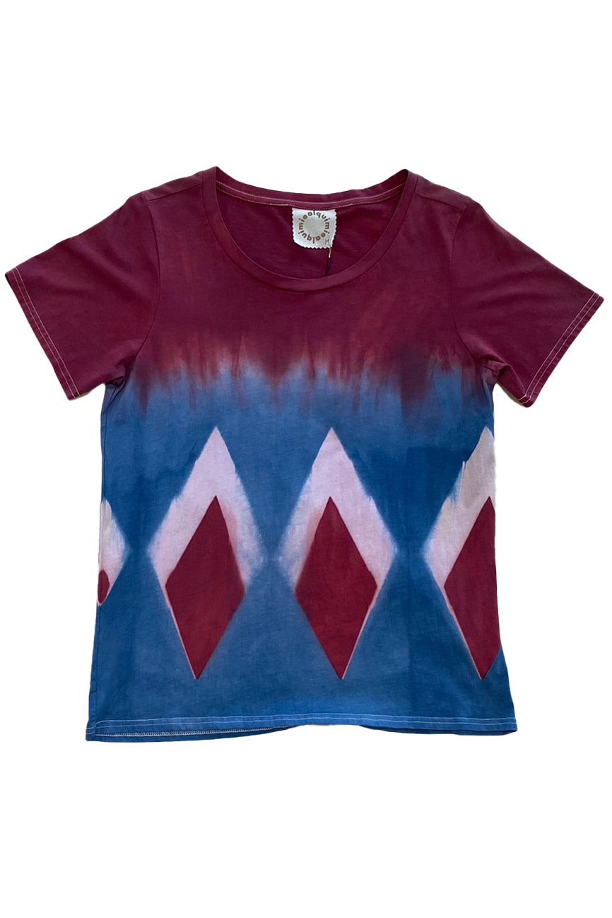 KB x Alquimie Studio Dyed T-Shirt - Shibori Diamond - Maroon, Blue & Natural - Women's M