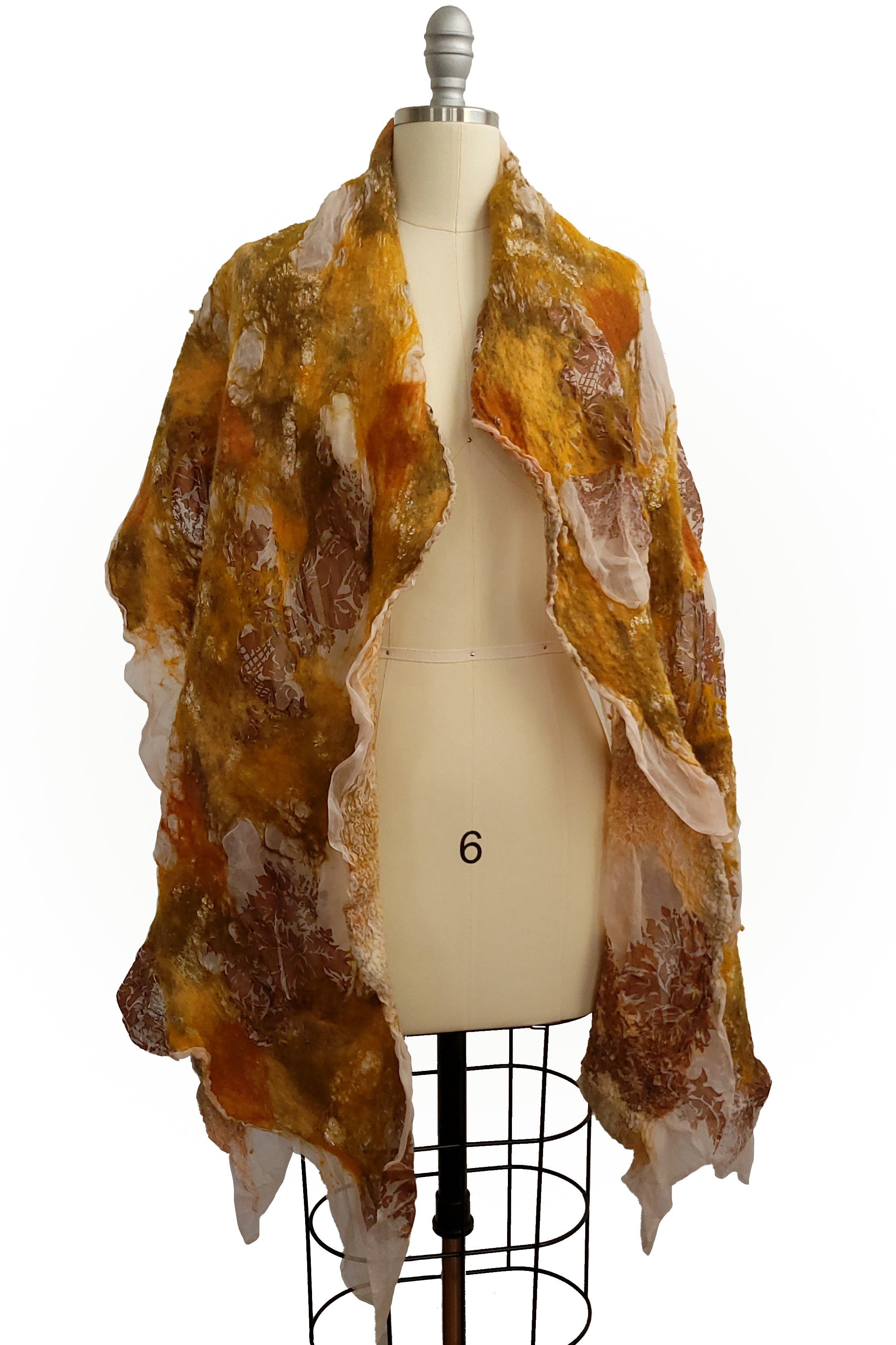 Felted Shawl -Silk Organza - Ochre & Copper w/ Damask Print