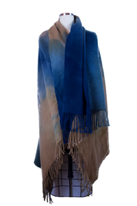 Fringed Cashmere Throw Blanket in Blue Brown