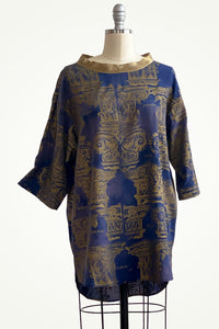 Pompier Top in Silk w/ Columns - Navy & Gold