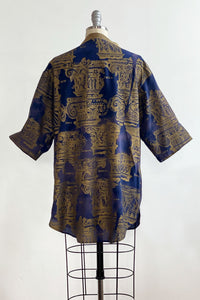 Pompier Top in Silk w/ Columns - Navy & Gold