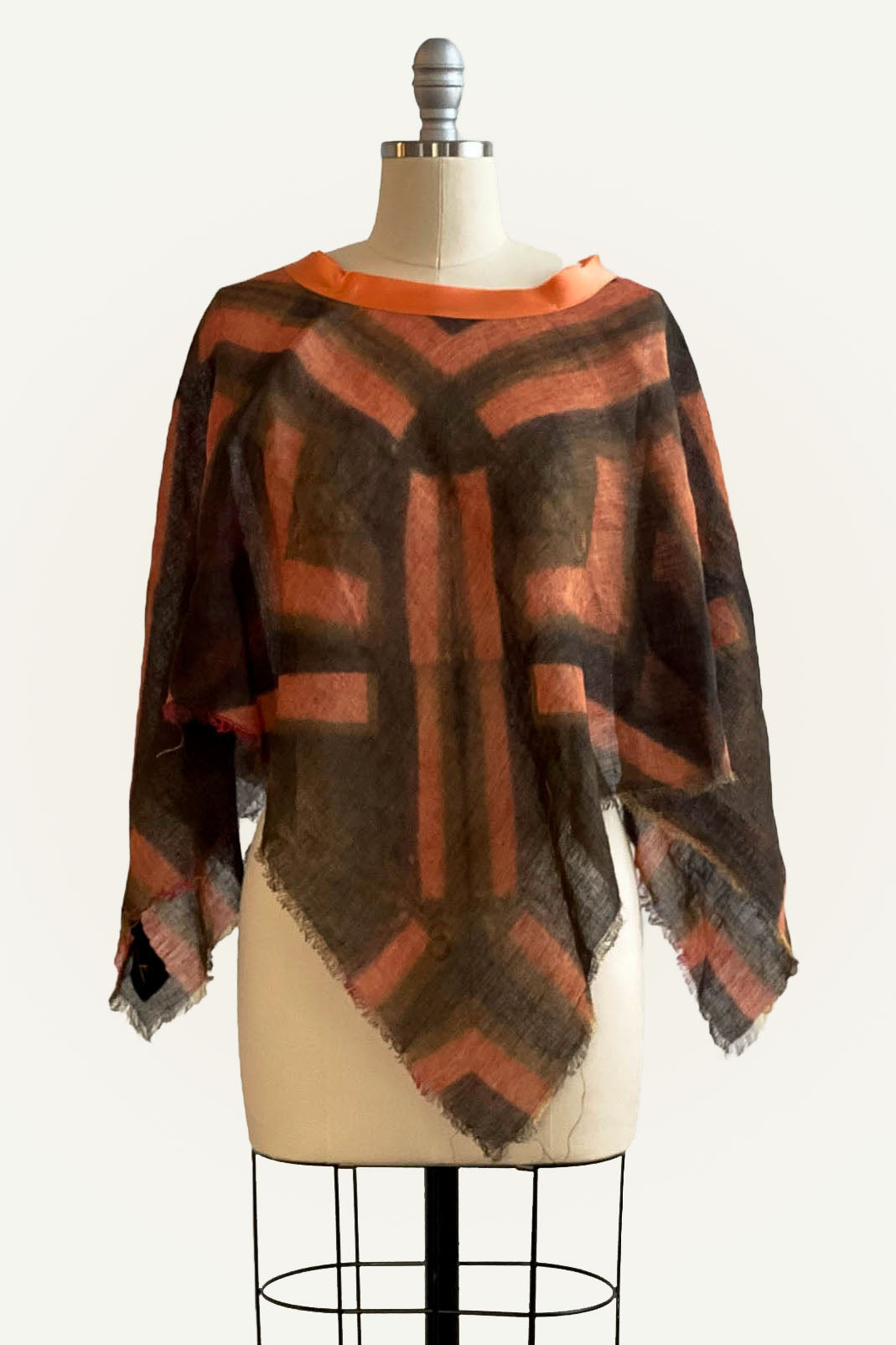 Poncho in Open Weave Linen w/ Itajime Dye - Orange & Brown