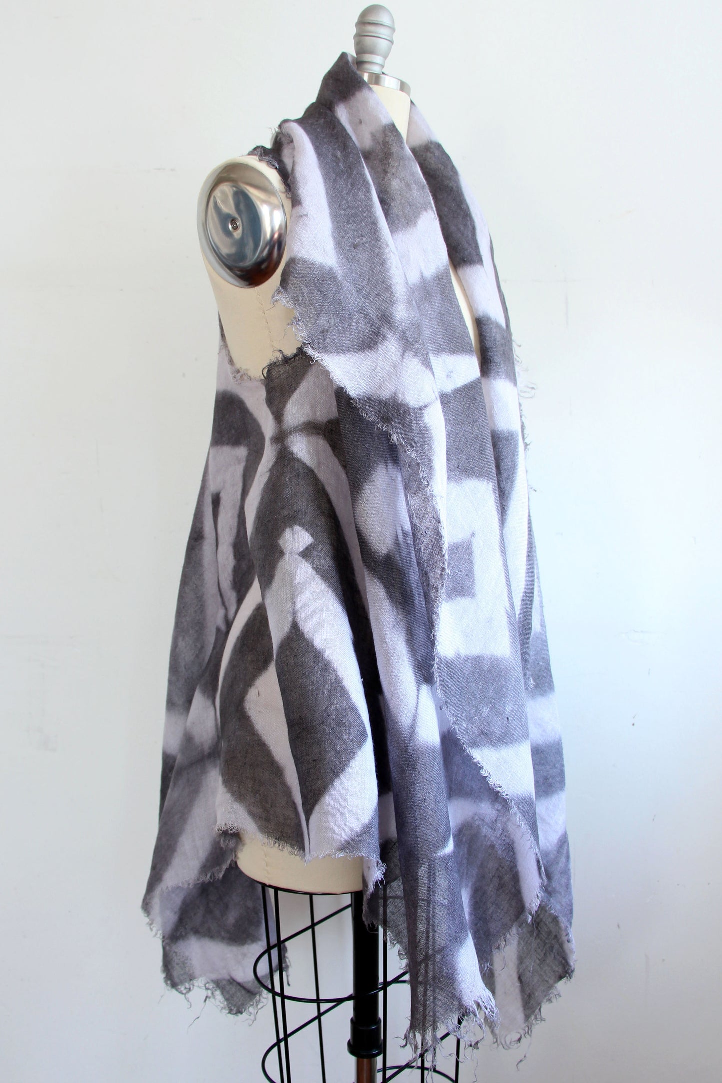 Asymmetrical Wrap Vest - Open Weave Linen w/ Itajime Dye - Grey & White