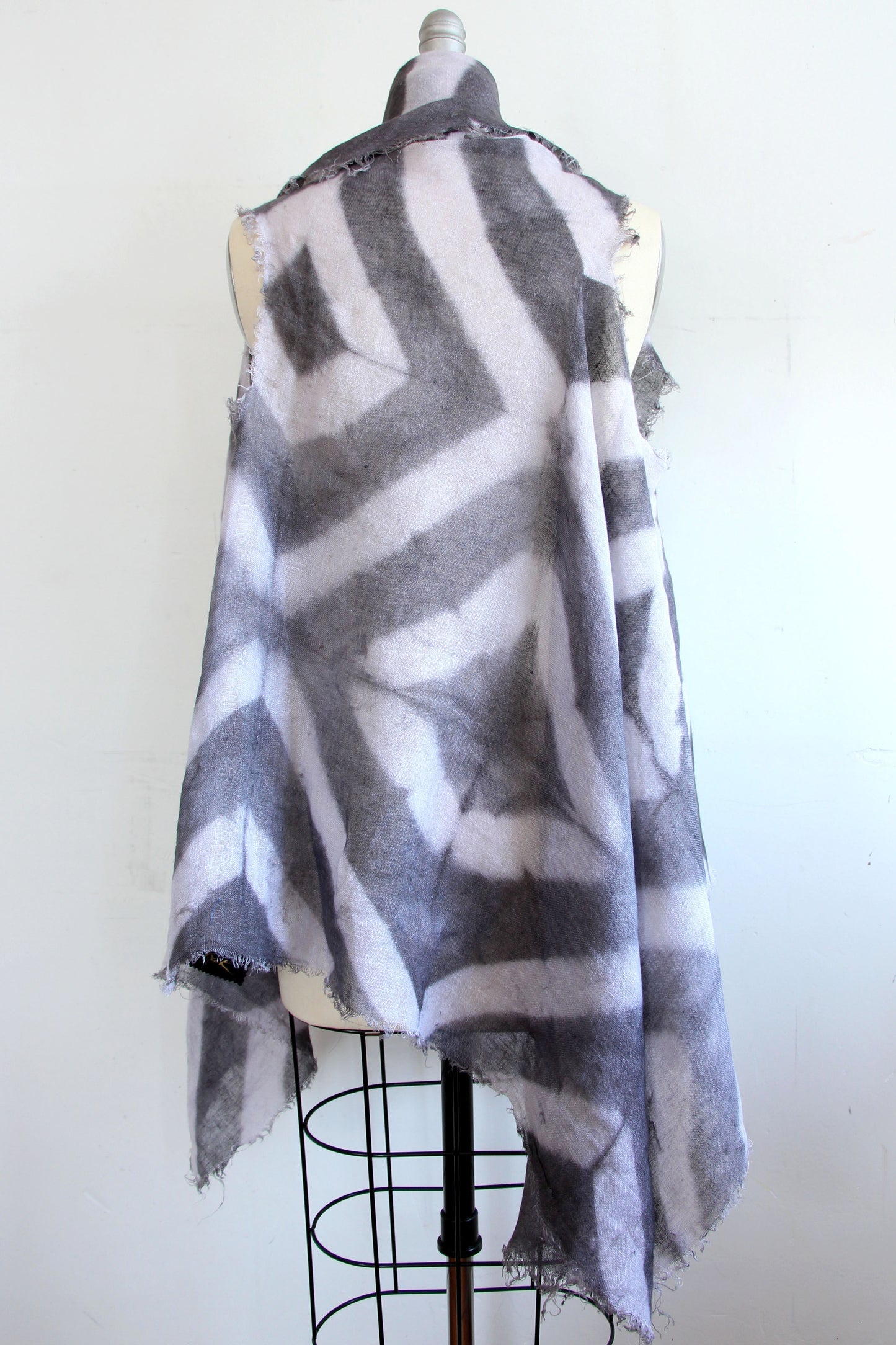 Asymmetrical Wrap Vest - Open Weave Linen w/ Itajime Dye - Grey & White