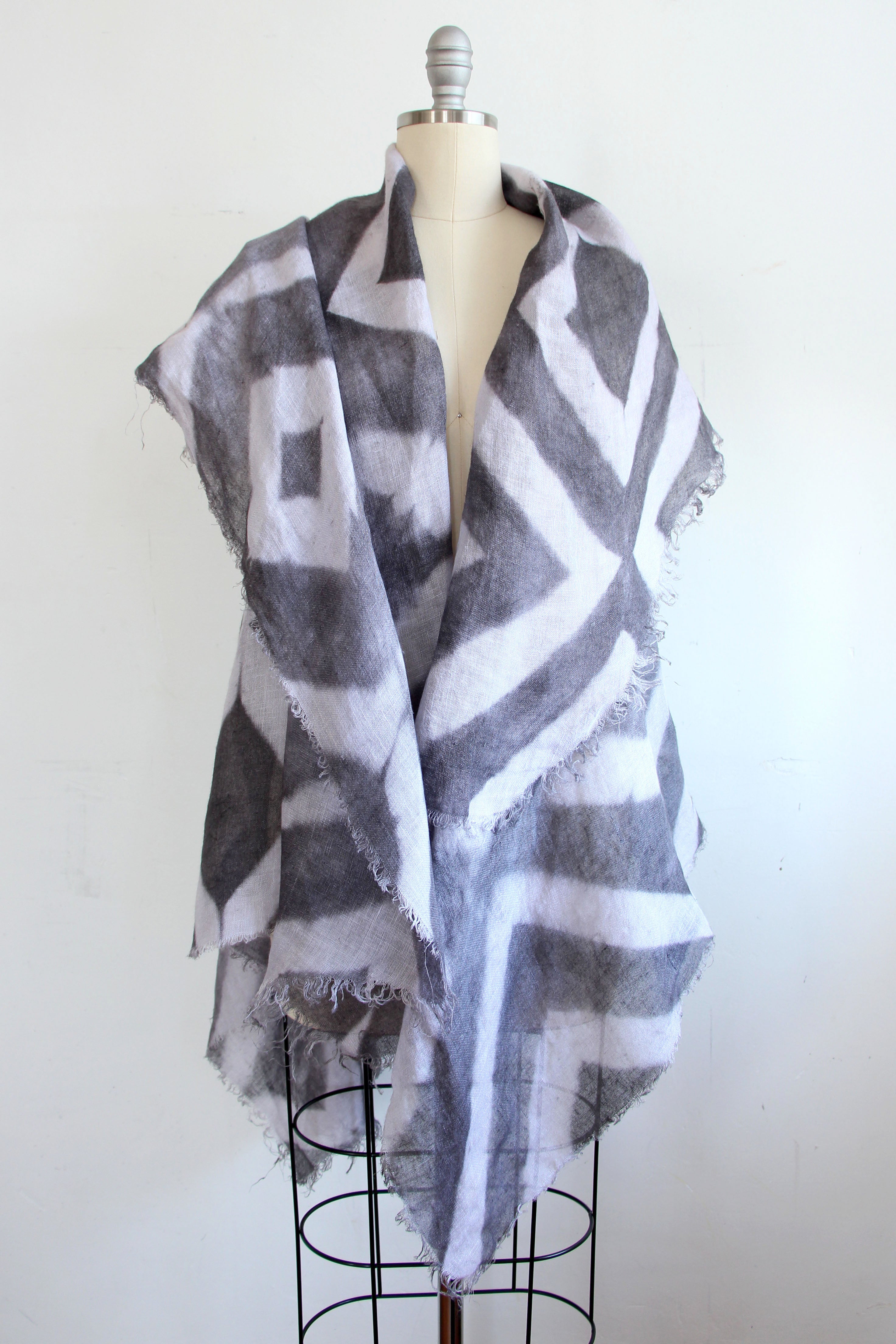 Asymmetrical Wrap Vest - Open Weave Linen w/ Itajime Dye - Grey & White
