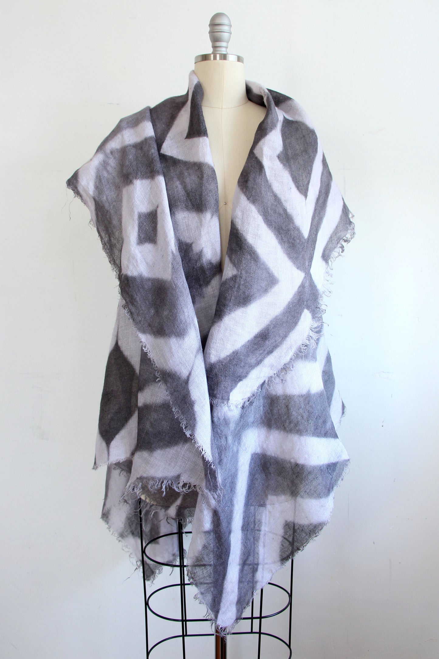 Asymmetrical Wrap Vest - Open Weave Linen w/ Itajime Dye - Grey & White