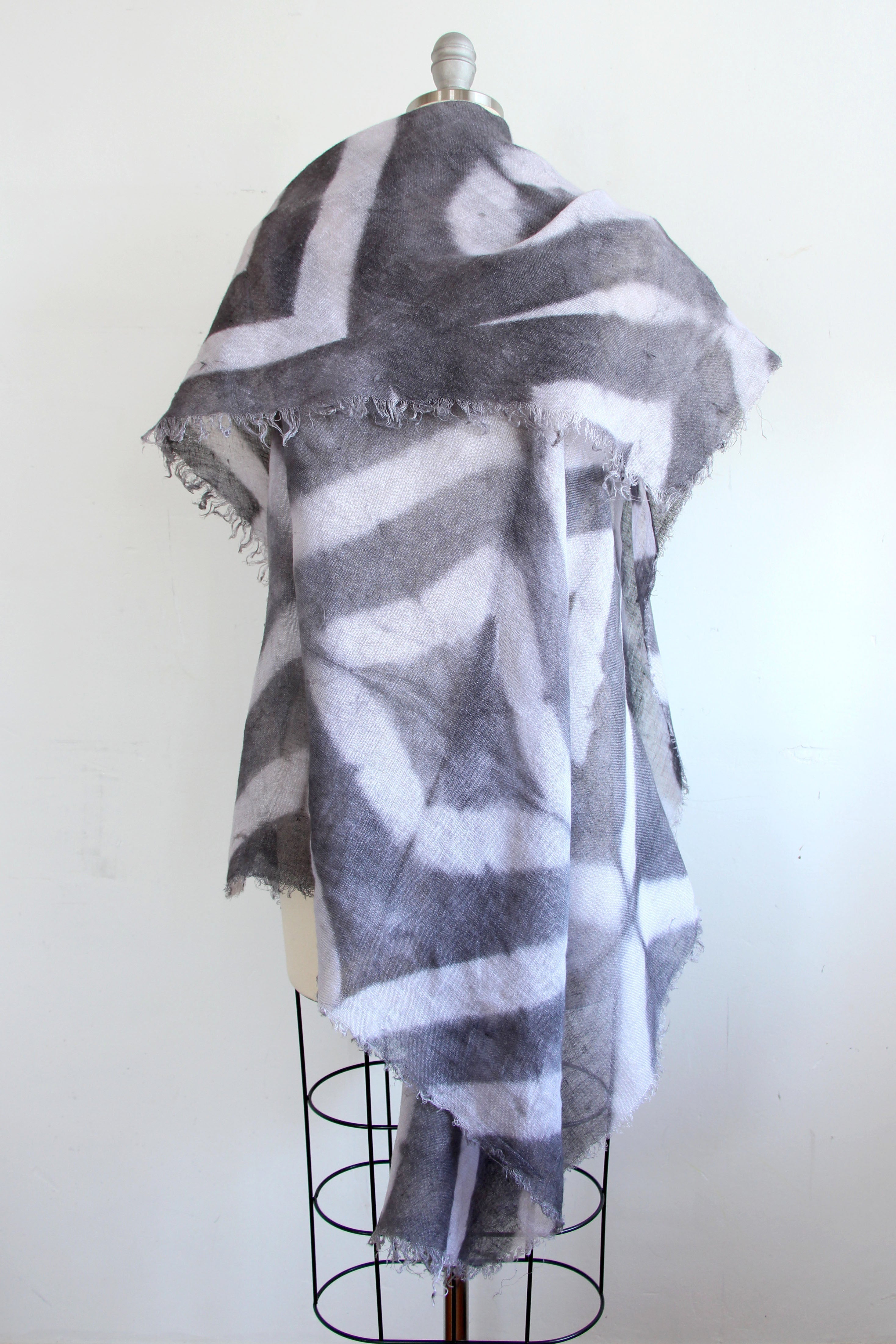 Asymmetrical Wrap Vest - Open Weave Linen w/ Itajime Dye - Grey & White