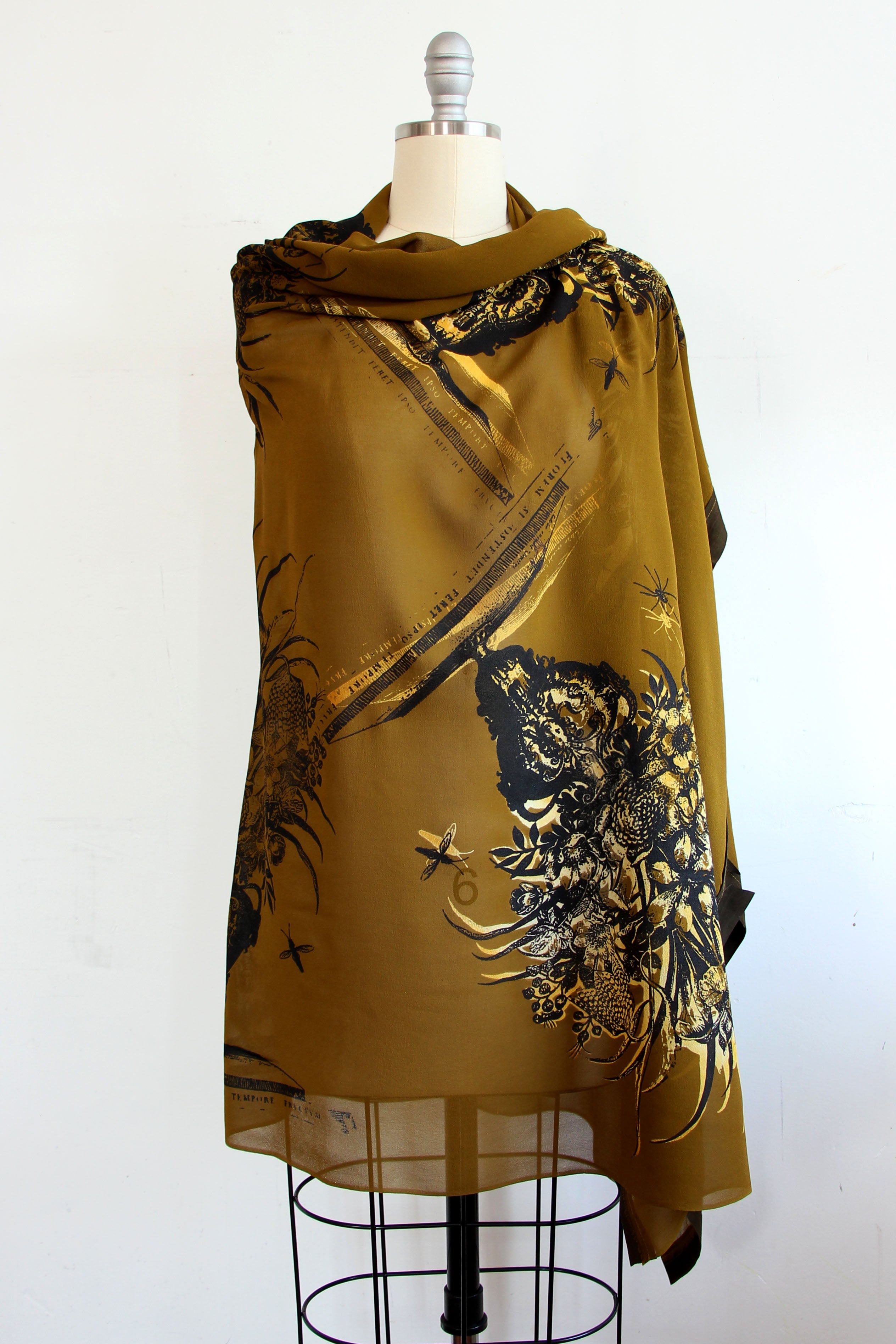 Shawl in Silk Chiffon w/ Leather Trim - Bouquet Ochre