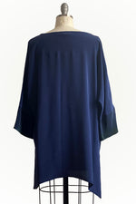 Load image into Gallery viewer, Greg&#39;s Tunic in Silk w/ Itajime Stick Dye - Navy w/ Green &amp; Gold - Medium
