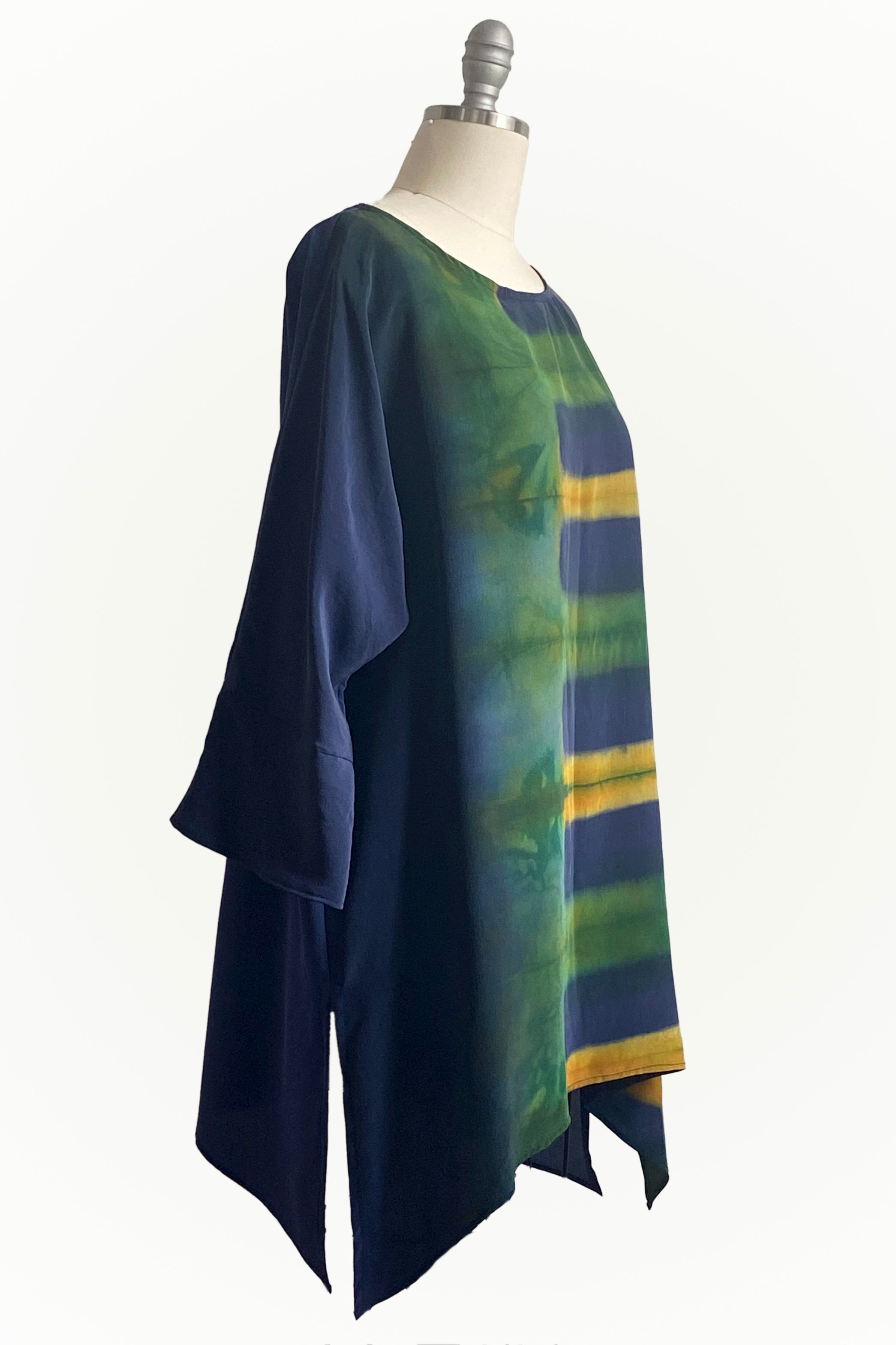 Greg's Tunic in Silk w/ Itajime Stick Dye - Navy w/ Green & Gold - Medium