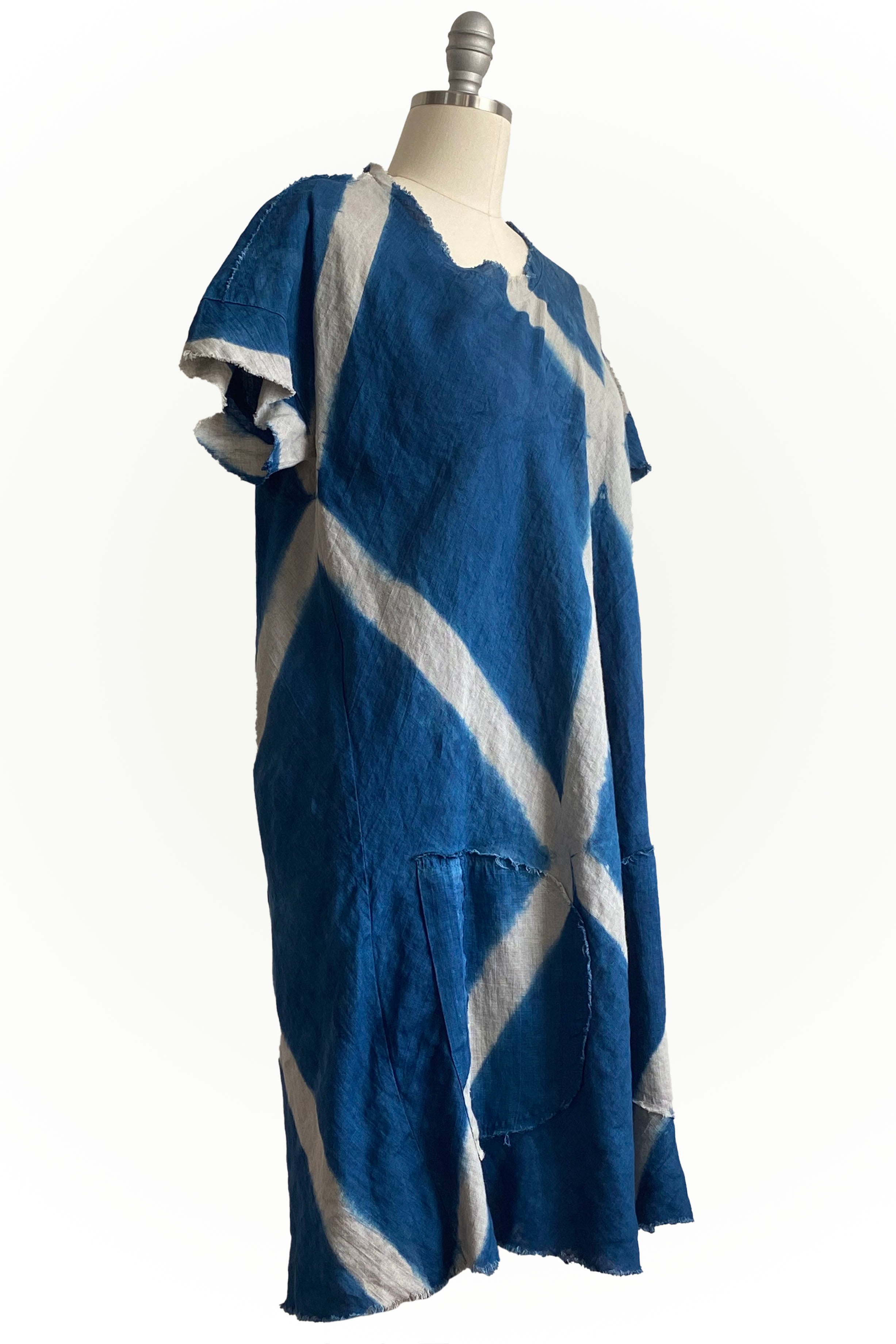 Athena Dress w/ Round Pockets Itajime Dye - Indigo & Grey