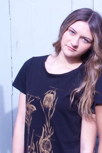 Hand Printed T-Shirt in Black with Gold Botanical Print - XS