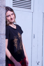 Load image into Gallery viewer, Hand Printed T-Shirt in Black with Gold Botanical Print - XS
