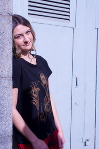 Hand Printed T-Shirt in Black with Gold Botanical Print - XS